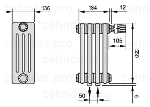 Схема (чертеж) Радиатор Zehnder Charleston 4055/4 №V008 Белый глянцевый RAL 9016